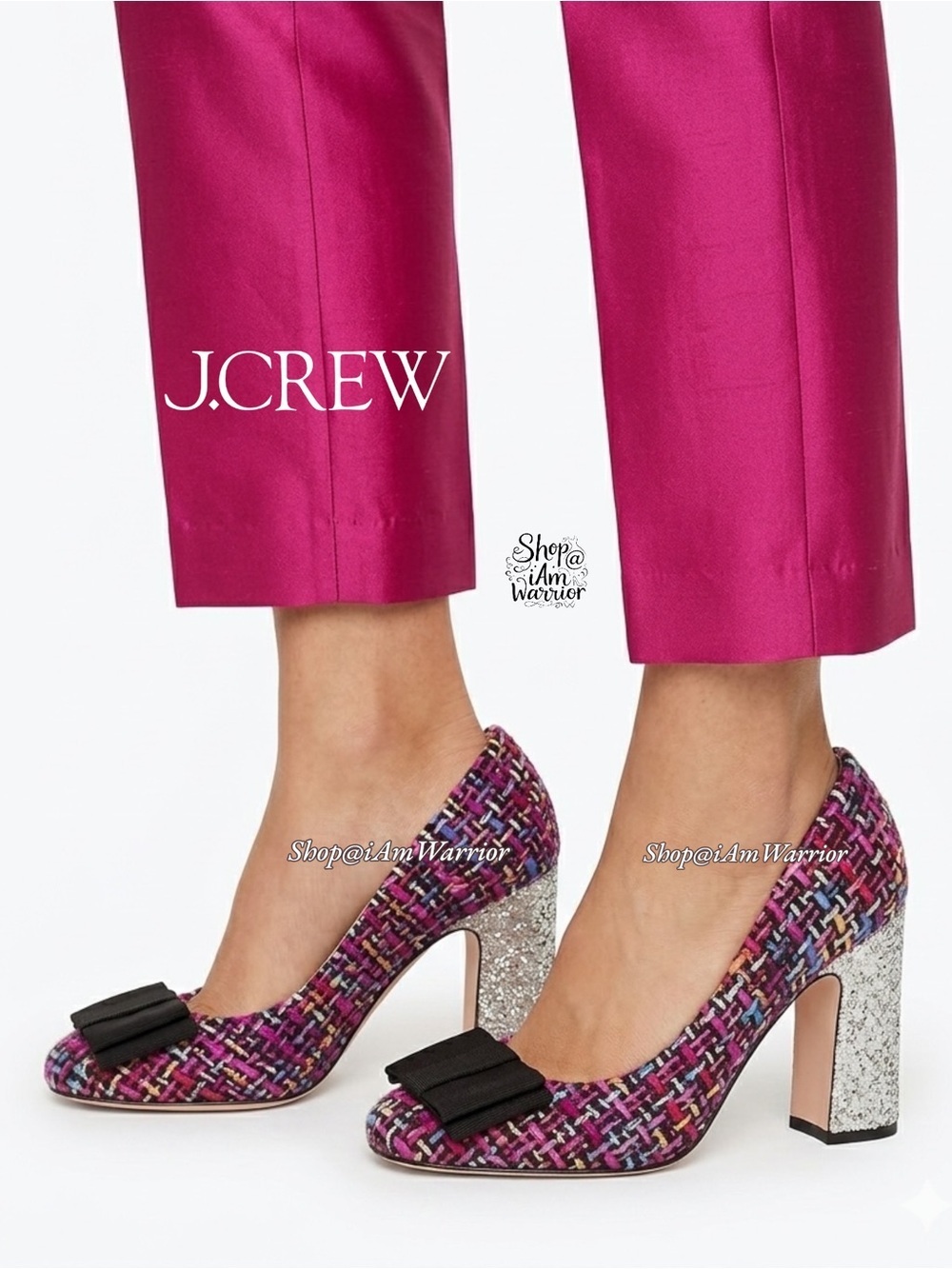 J.Crew magenta mixed tweed glitter block heels with ribbon toe bow